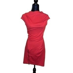 BCBGMAXAZRIA Red Orange Asymmetrical Mock Sleeveless Bodycon Midi Dress Size S